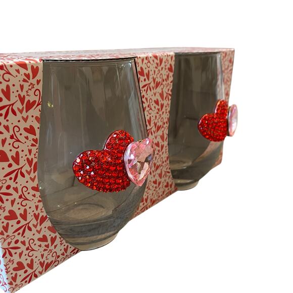 Valentines Day Jeweled HEARTS Stemless Wine Glasses Set of 2 Red & Pink New - Picture 6 of 14